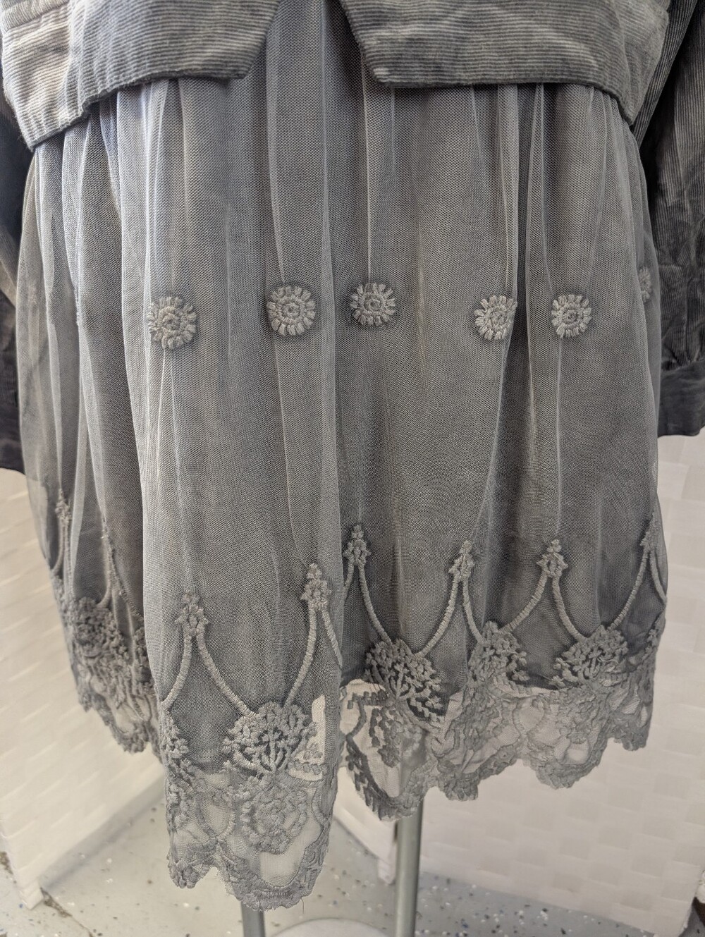 Vintage Inspired Corduroy Gray Lace-Trim Jacket 1X - Picture 8 of 8